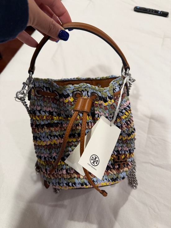 Tory Burch Handbags - Tory Burch Multicolor Woven Mini Bucket Bag with Tan Leather Trim